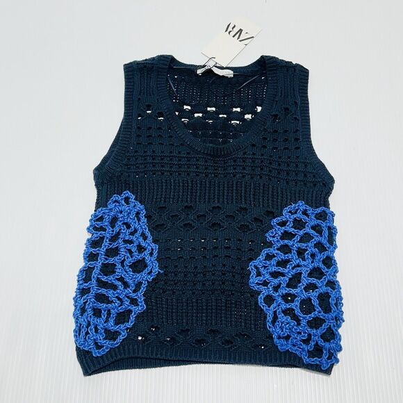 Zara Mixed Crochet Navy Blue Knit Sleeveless Top size S NWOT - Picture 4 of 7